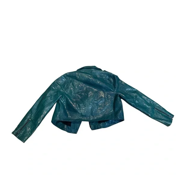ModCloth Teal Faux Alligator Size L Cropped Moto Biker Zip Up Jacket - Picture 7 of 10